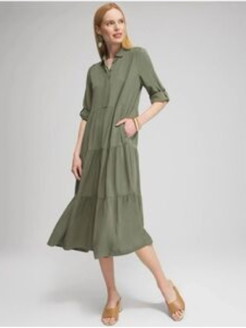 Chico’s NWT Tiered Twill Midi Dress in Olive Sz 2, Large